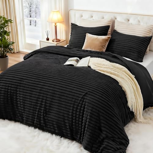 EXQ Home Fluffy Comforter Set Queen Size - Super Soft Faux Fur Stripe Jacquard Comforter 3 Pieces, Black Fleece Bedding Set,Winter Warm Bed Set,1 Comforter with 2 Pillowcases EXQ Home