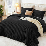 EXQ Home Fluffy Comforter Set King Size - Super Soft Faux Fur Stripe Jacquard Comforter 3 Pieces, Black Fleece Bedding Set,Winter Warm Bed Set,1 Comforter with 2 Pillowcases EXQ Home