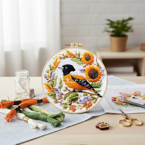 FRANDEK DIY Bird Embroidery Kit for Beginner, Stamped Handicraft Needlework Set, Full Thread Palette with Needles & Fabric for Adults, Artisan Handmade Home Decor Gift