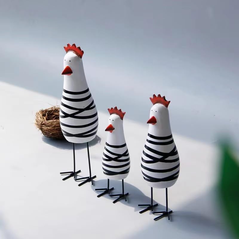 WQKING 3PCS Wood Chicken Rooster Decor Figurines Set Farmhouse Rustic Home Office Decor