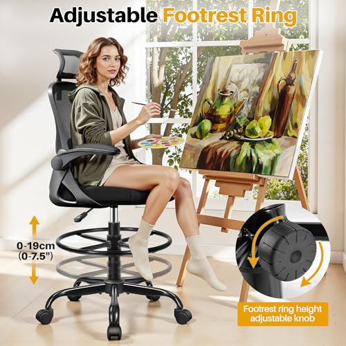 FINATI Drafting Chair, Tall Office Chair for Standing Desk, Ergonomic High Back with Headrest, Lumbar Support, Foot Ring and Flip-up Armrests, Black FINATI