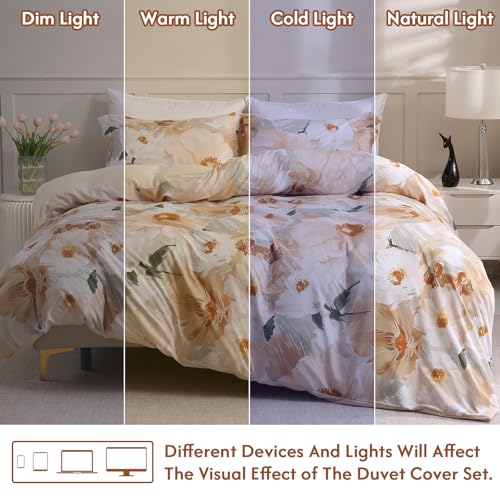LONAVA Queen Flower 3 Pcs Duvet Cover Set, Breathable Soft Microfiber Biege Lining Comforter Cover with Zipper Closure, and 2 Anti-Pilling, Fade Resistant Pillowcases, Golden Flower LONAVA
