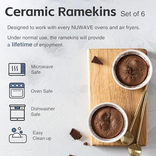 Nuwave Ceramic Ramekins 8 oz, Set of 6, Elegant Classic Style for Baking Souffles, Creme Brulées, Custards, Puddings, 4.3” Wide & 2” Tall, Microwave, Oven & Dishwasher-Safe, Ivory White (6) Nuwave