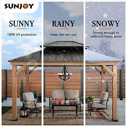 Sunjoy 11 x 13 ft. Wood Gazebo Cedar Framed Gaezbos with Black Double Steel Hardtop Roof for Garden, Backyard Shade, Matte Black Roof + Natural Wood Frame - WoodArtSupply