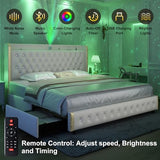 GEGOFORU Full Wingback Modern Platform Bed with Galaxy Projector, 4 Dust-Proof Storage Drawers, LED Bed Frame, USB Ports, No Box Spring Needed & Noise-Reduction Sturdy Wood Slats, Velvet Cream GEGOFORU