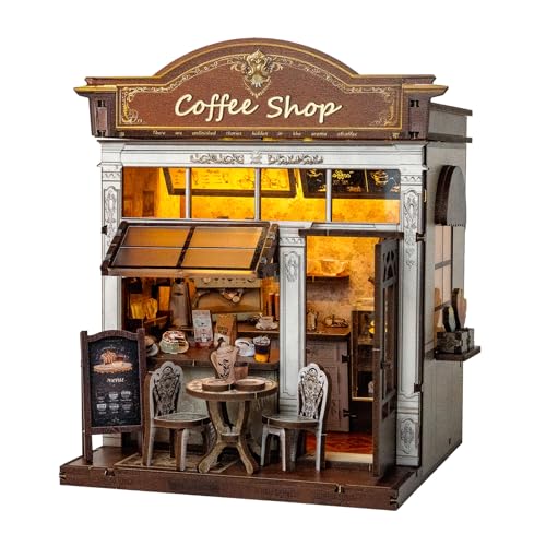 Book Nook Kit - DIY Miniature House Kit for Adults, Teens, and Kids, 3D Wooden Puzzles with LED Light, Dollhouse Craft Kit for Family and Friends, Great Gift Idea (Retro Coffee Shop)