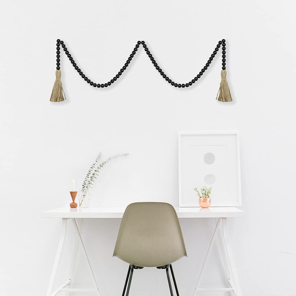 Sivya 58in Farmhouse Beads Wood Bead Garland with Tassels, Rustic Farmhouse Decor for Farmhouse Tiered Tray Farmhouse Wall Decor (Black, 58in/1Pcs) Sivya