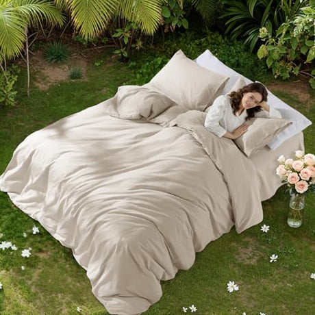 RTHX92N 100% Linen Duvet Cover Set Full Size, Pure Natural French Flax Linen Duvet Cover, Breathable for Hot Sleepers, Zipper Closure & Corner Ties - 3 Piece (Linen,Full) RTHX92N