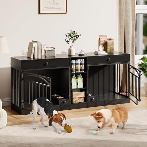 IDEALHOUSE 78.7" Double Dog Crate Furniture with Storage and 2 Doors, Dog Kennel Indoor with Feeding Bowls, Wood Dog Crate TV Stand for Small Medium Dogs, Black IDEALHOUSE