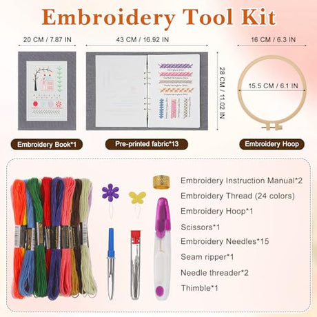 Tofficu 2026 Upgraded Embroidery Stitch Book - 180 Patterns Embroidery Starter Practice Book, Beginner Cross Stitch Supplies Kit with 6-Ring Binder 24-Color Threads & Tools for Adults DIY Craft Gift Tofficu