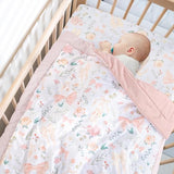GFU Crib Bedding Set for Girls 4-Piece, Bow Baby Girl Crib Bedding Set Pink Flowes, Nursery Sets Includes Comforter, Fitted Crib Sheet, Crib Skirt, and Diaper Stacker GFU
