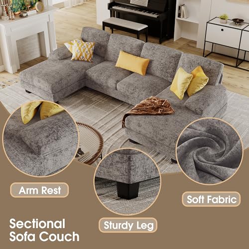 Furmax Sectional Couches for Living Room, U-Shaped Sofa Couch with Linen Fabric, 4 Seat Sofa Set with Double Chaise for Apartment (Fabric, Grey) Furmax