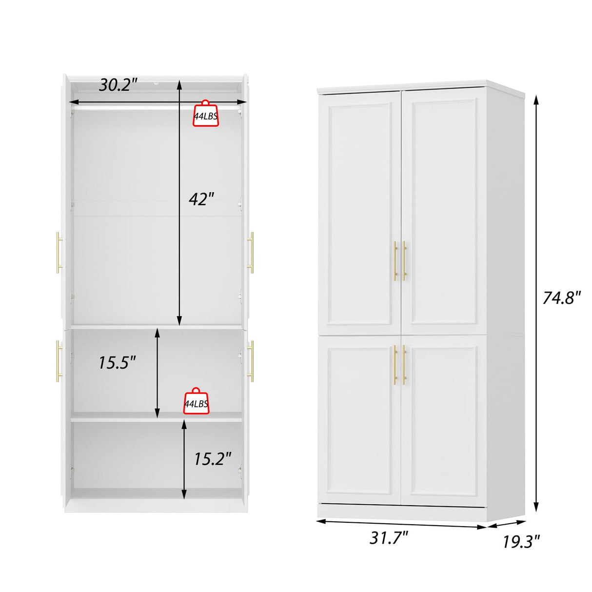 WOODTIME Wardrobe Closet with Hanging Rod, Modern Wooden Armoire with 4 Framed Doors & 3 Large Shelves, Clothes Storage Cabinet Organizer for Bedroom Apartment, White WOODTIME