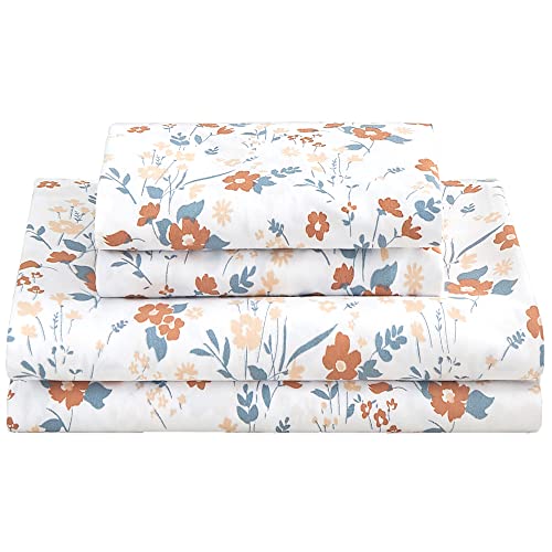 Softan Floral Twin Size Sheet Set, Orange Flower Printed Bed Sheets for Girls, 3-Piece Microfiber Single Fitted Sheet with 15" Deep Pocket & Non-Slip Straps, Patterned Bedding Sheets & Pillowcase Set Softan