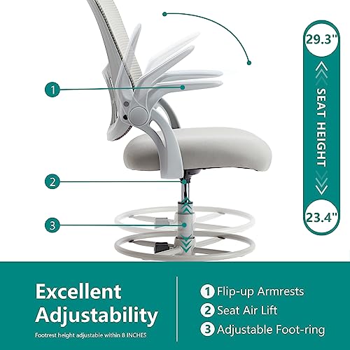 Smug Drafting Chair with Flip-up Arms, Height Adjustable Standing Tall Office Desk Chair with Foot Ring, Ergonomic Swivel Computer Chairs with Rolling Wheels, Grey SMUGDESK