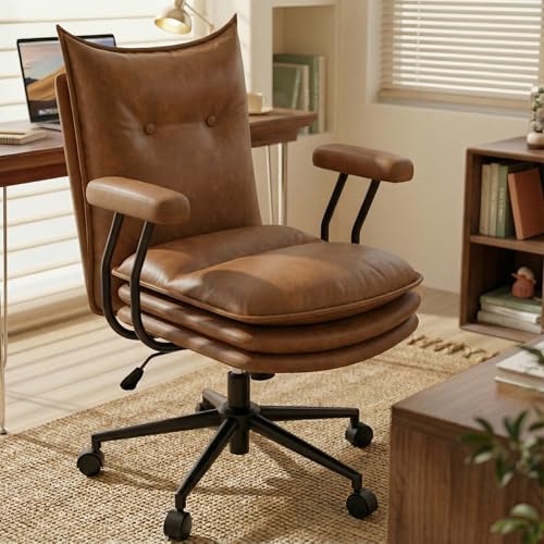 Sucrever Brown Office Chair with Triple-Layers Thicken Wide Seat, Mid Back Leather Desk Chair with Wheels and Arms, Mid-Century Modern Computer Chair for Home Office Sucrever