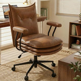 Sucrever Brown Office Chair with Triple-Layers Thicken Wide Seat, Mid Back Leather Desk Chair with Wheels and Arms, Mid-Century Modern Computer Chair for Home Office Sucrever