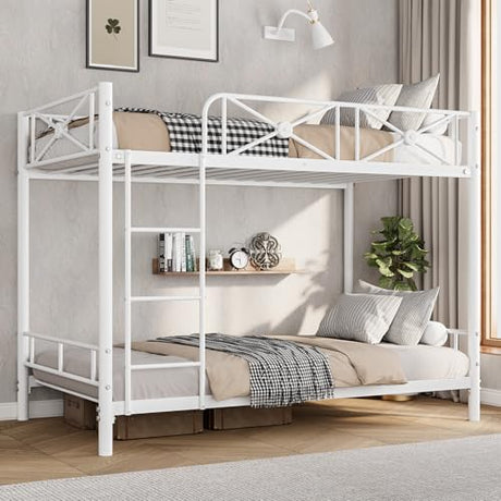 IDEALHOUSE Metal Bunk Bed Twin Over Twin, Modern Heavy Duty Bunkbeds with Safety Guard Rails & Space-Saving Design, Steel Twin Bunk Beds for School, Bedroom, White IDEALHOUSE