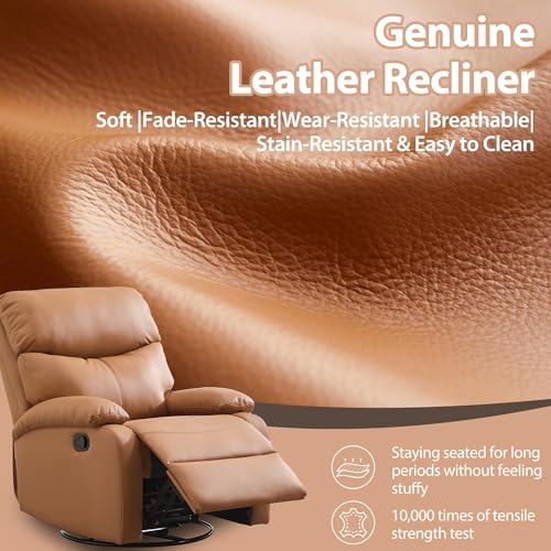 Chizzyseat Genuine Leather Rocker Recliner Modern Manual Swivel Glider Recliner with Adjustable Backrest & Footrest Wall Hugger Swivel Rocking Recliner Chair for Modern Living Room and RV Warm Brown