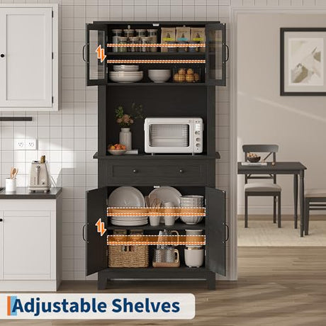 IDEALHOUSE 72" in Tall Kitchen Pantry Storage Cabinet, Elegant Pantry Hutch Bar Cabinet with Microwave Stand & Drawers, Glass Doors for Dining Room, Kitchen, Living Room (Black & 32 Inches Wide) IDEALHOUSE