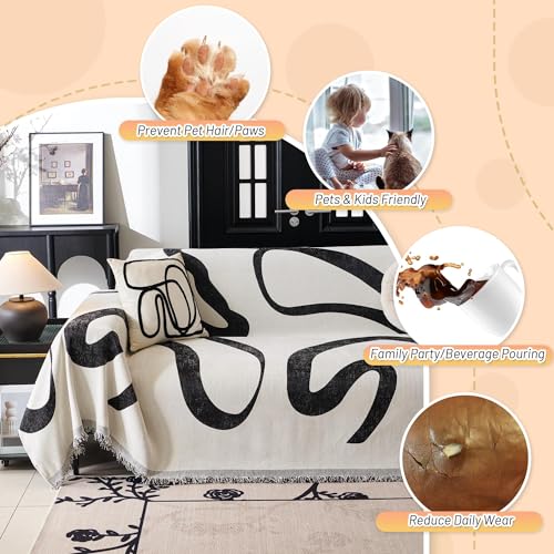 MYSKY HOME Boho Couch Cover Super Soft Couch Covers for 2-3 Cushion Couch Sofa, Modern Black Jacquard Sofa Slipcover Loveseat Futon Cover, Couch Covers for Sectional Sofa, 71" x 118", Black Curve