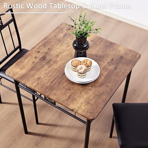 VECELO 3-Piece Small Kitchen Dining Table Set for 2, PU Padded Chairs, Retro Brown VECELO