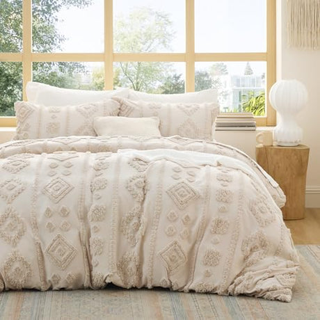 Bedsure Boho Duvet Cover King - Beige Tufted Boho Bedding, Farmhouse Shabby Chic Embroidery Bedding for All Seasons, 3 Pieces, 1 Soft Jacquard King Comforter Cover and 2 Pillow Shams Bedsure
