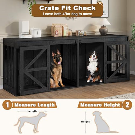 Nordee Axio 94.5 Inch Double Dog Crate Furniture, Farmhouse Dog Kennel TV Stand for 2 Large Dogs, Wooden Dog Cage Extra Large Breed with Divider & Solid Metal Tube, Black Nordee Axio