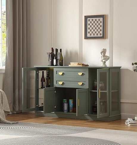 FOREST GRAVITY 58.27'' Buffet Cabinet with 2 Drawers and Adjustable Shelves,Large Glass Door Coffee Bar Cabinet,Modern Farmhouse Sideboard Credenza for Kitchen,Green FOREST GRAVITY