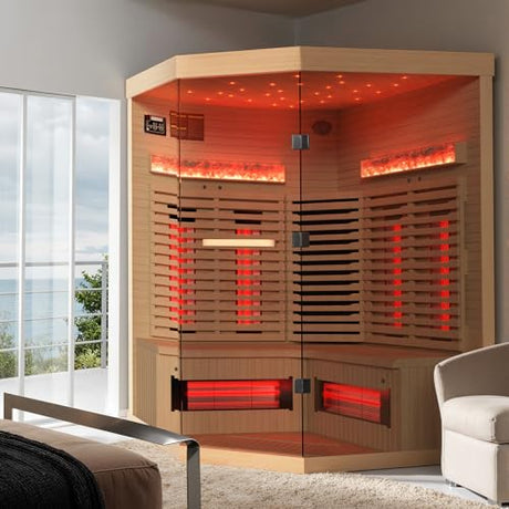 SWHSE 3-4 Person Corner Infrared Sauna- Luxury Home Sauna Spa Room with Himalayan Salt Therapy, Canadian Hemlock&Panoramic Tempered Glass,220V SWHSE