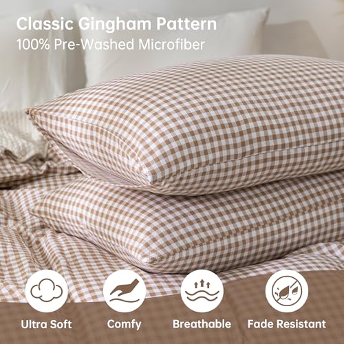 YHJWW Tan Gingham Duvet Cover Bedding Set Prewashed Extra Soft Comfy Breathable 3 Piece Brown Plaid Checkered Grid Vintage Comforter Cover Set Cute Aesthetic (King 104"x90", No Comforter) YHJWW