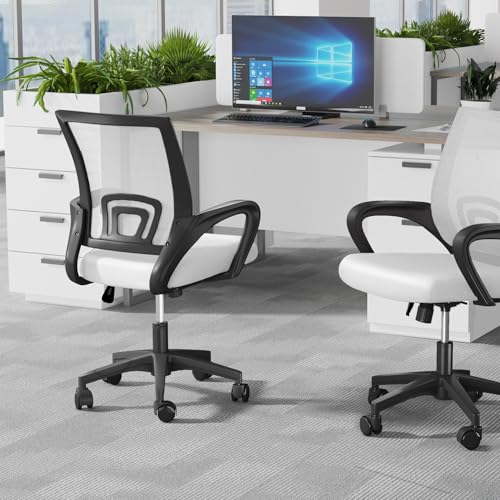 OS MOTOR Home Office Chair, Ergonomic Mid-Back Mesh Desk Chair with Lumbar Support, Adjustable Swivel Rolling Design, Comfy Armrest for Work, Study, Gaming, Vanity (White, Single Chair) OS MOTOR