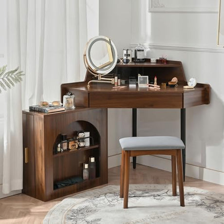 HSUFLWS Wood Corner Vanity Desk with Mirror & Led Lights, White Makeup Vanity Desk with Cushioned Stool & Side Cabinet, Fluted Makeup Vanitys with a Large Drawer for Bedroom (Walnut, 37 H) HSUFLWS