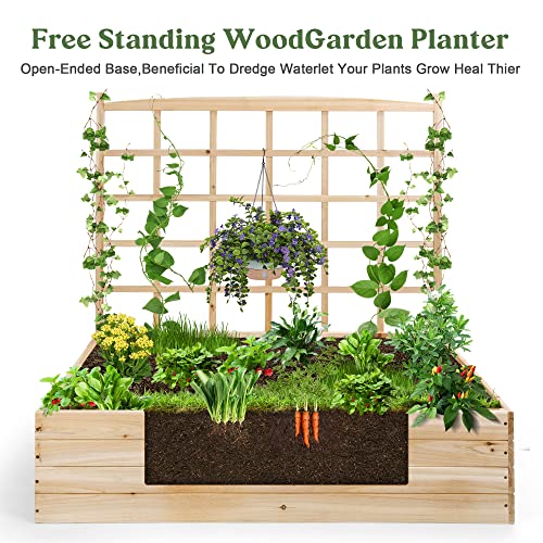 OIPRTGFJ Wood Planter with Trellis Raised Garden Beds,Wooden Raised Garden Bed with Trellis Outdoor Flower Box for Herbs Vegetables Flowers Vine for Outdoor Patio Deck Balcony - WoodArtSupply