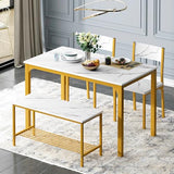 soges 4 Person Dining Table Set,43.3 inch Kitchen Table Set for 4,2 Chairs with Backrest,2-Person Bench with Storage Rack,Nesting Furniture Set for Dining Room and Restaurant, White Gold soges