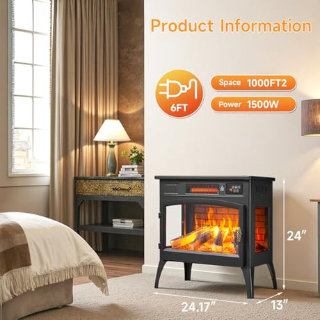 24″ Freestanding Electric Fireplace Stove with 3D Flame Effect and 6 Flame Color, 1000/1500W Infrared Fireplace Stove, 5200 BTU Electric Fireplace Heater with Remote and Timer for Indoor, Black ONBRILL