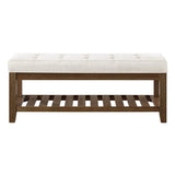 24KF Large Rectangular Upholstered Tufted Linen Ottoman Bench, Padded Bench with Solid Wood Shelf-Ivory 24KF