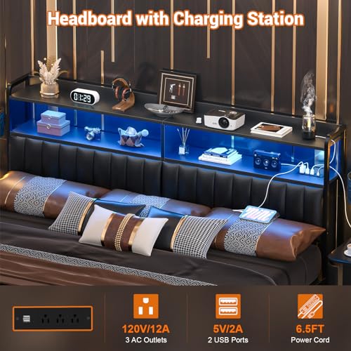 Aheaplus King Size Upholstered Headboard with USB Ports, Outlets, LED Lights, and Storage - Black Leather, Height Adjustable - WoodArtSupply