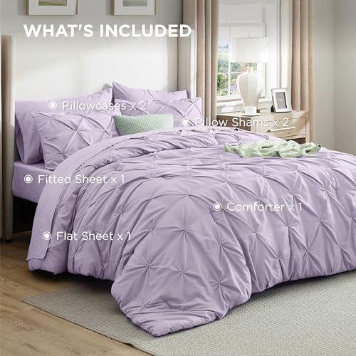 Bedsure Full Comforter Set Light Purple - Bed in a Bag Full Size Bedding Set 7 Pieces, GentleSoft™ Pintuck Bed Set Gift for Family, Pinch Pleat All Season Comforter with Sheets, Pillowcases & Shams Bedsure