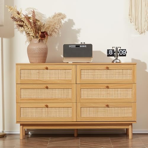 DHMAKER 6 Drawer Rattan Dresser, 48" Modern Double Dresser for Bedroom, Wide Chest of Drawers, Wood Storage Cabinet for Bedroom, Entryway, Living Room, Hallway DHMAKER