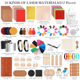 Dunzoom 257 Pcs Laser Material Kit Laser Engraving Materials Including Acrylic, Metal, Wood, Fabric, PU Leather, Glass, Rock, Rubber Materials for Laser Engravers and Laser Cutters Dunzoom