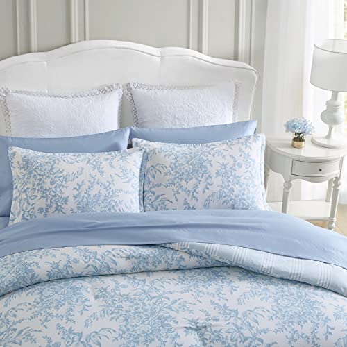 Laura Ashley- King Comforter Set, Cotton Reversible Bedding Set with Matching Sham(s), Farmhouse Home Décor (Bedford Blue, King) Laura Ashley