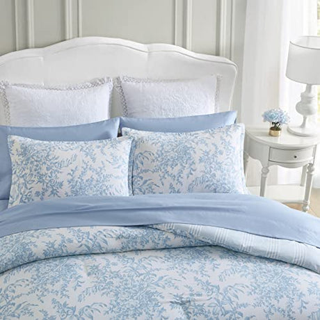 Laura Ashley - Queen Comforter Set, Soft & Reversible Cotton Floral Bedding with a Medium Weight Feel, 3 Piece Bed Set with Matching Pillowcases (Bedford Blue) Laura Ashley