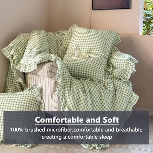 NSNLGSGC Sage Green Ruffle Gingham Comforter Set Queen, Pre-Washed Ruffled Plaid Checked Comforter Bedding, 3 Pieces Vintage Farmhouse Grid Bedding Set(Green Gingham, Queen) NSNLGSGC