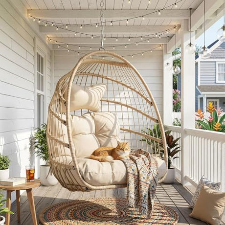 Nicesoul Outdoor Hanging Egg Chair Without Stand, Patio Wicker Swing Egg Basket Chairs with Padded Cushion, 350 Lbs Comfy Cozy Ceiling Tree Swinging Egg-Shaped Chair No Stand for Indoor Balcony, Beige NICESOUL