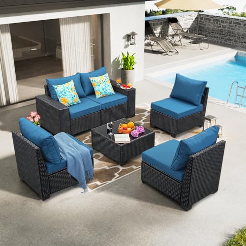 JOYURE 6 Pieces Patio Furniture set All-Weather Outdoor Wicker Sectional Conversation Sofa Rattan patio seating sofa with cushion and Glass Table for Porch Poolside,Peacock Blue - WoodArtSupply