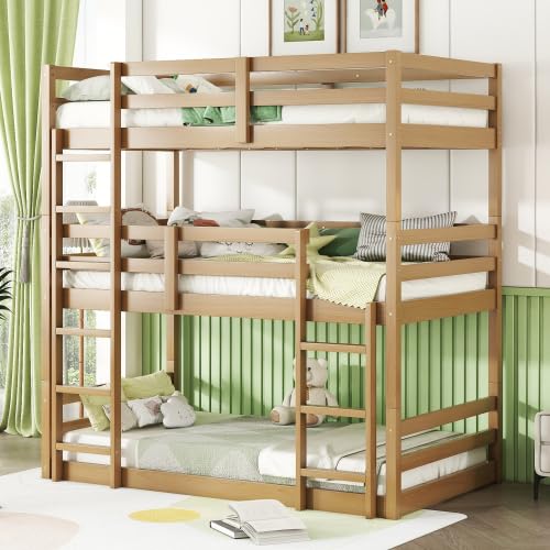 PVWIIK Triple Bunk Bed with Built-in Ladders & Guardrails for Kids' Bedroom, Bunk Bed w/Detachable Twin Bunk Bed for Dorm, Guest Room, No Box Spring Needed, Easy Assembly, Oak PVWIIK