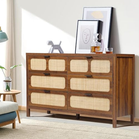 QEIUZON 6 Drawer Dresser, Modern Rattan Dresser Chest with Wide Drawers and Metal Handles, Farmhouse Wood Storage Chest of Drawers for Bedroom, Living Room, Entryway (Walnut-6 Drawers) QEIUZON