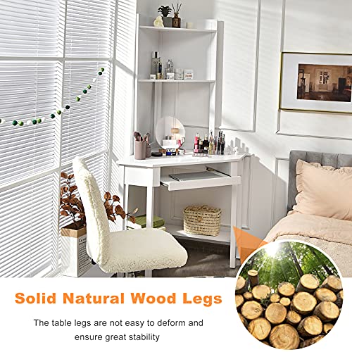 Tangkula White Corner Desk with Hutch, 90 Degrees Triangle Computer Desk with Keyboard Tray & Bookshelves for Small Space, Space Saving Writing Desk with Storage Shelves for Bedroom Apartment Tangkula