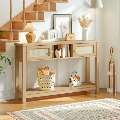 HOOBRO Console Table, 47" Rattan-Like Entryway Table with Storage, Narrow Sofa Table Behind Couch for Living Room Entry Foyer Hallway, Natural NL34XG01 HOOBRO